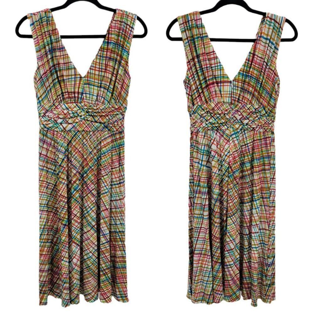 Vtg 80's Suzi‎ Chin Maggie Boutique Dress Picnic Rainbow Plaid Pleated Midi Sz 4